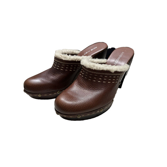 Nine West Shoes - Nine West Sherpa Mules Clogs Wooden Sole in‎ Brown Leather Boho Cottage ~8.5M